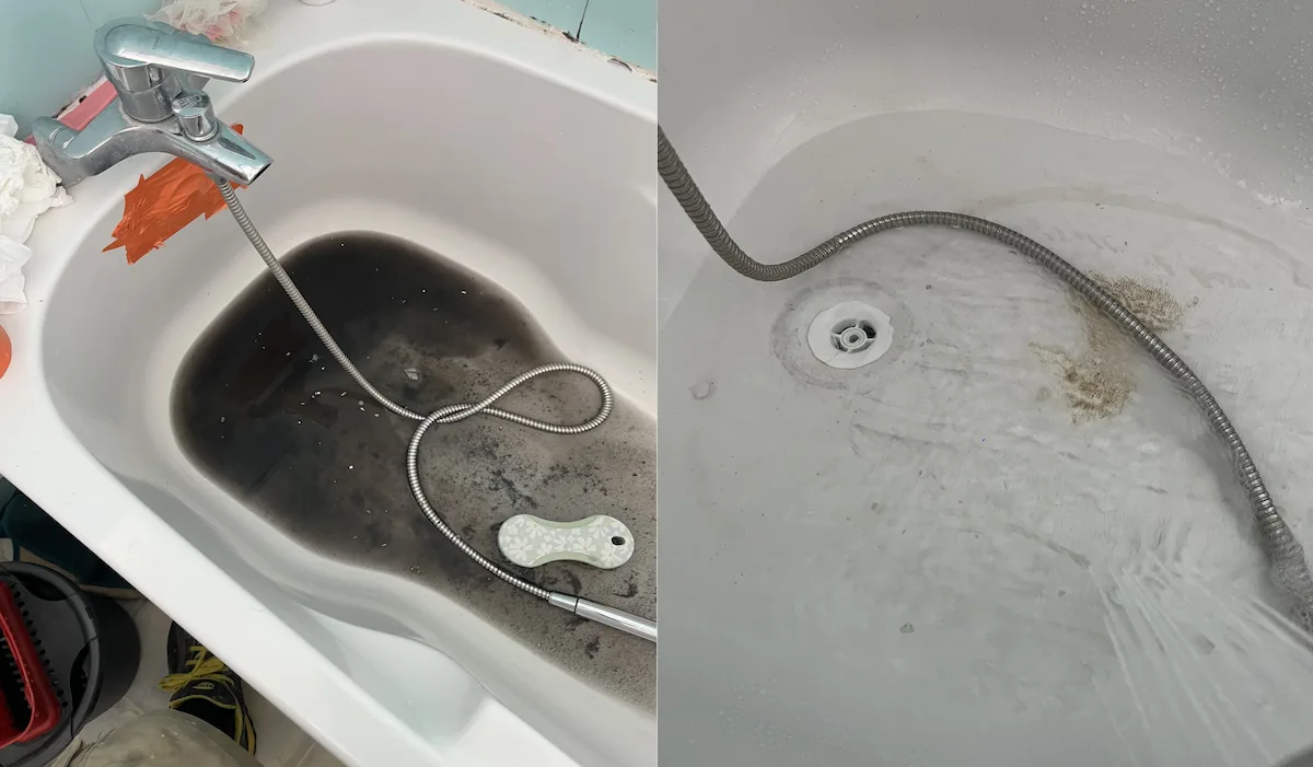 Débouchage d'une baignoire à Limoges avec furet mécanique — résultat avant/après