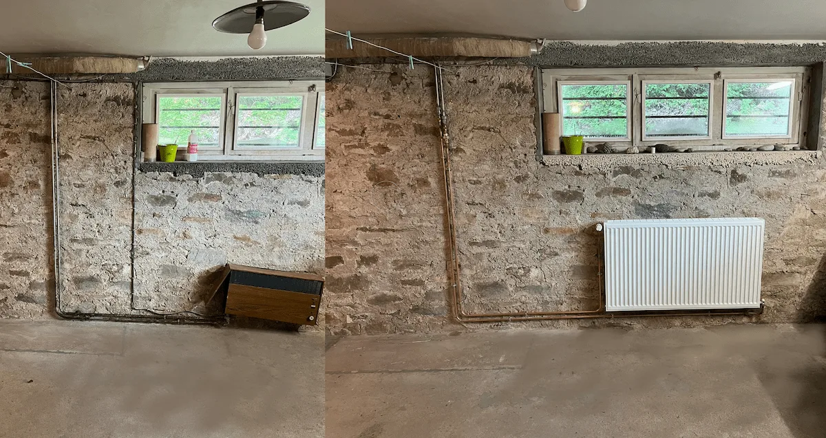 Radiateur panneau blanc neuf installé dans une cave en pierre, avant/après, secteur 87500 Saint-Junien